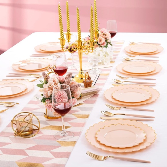 Chic Scalloped Pink & Gold Party Plates 60pcs 30 Dinner 10.25" & 30 Dessert 7.5" - Picture 6 of 7
